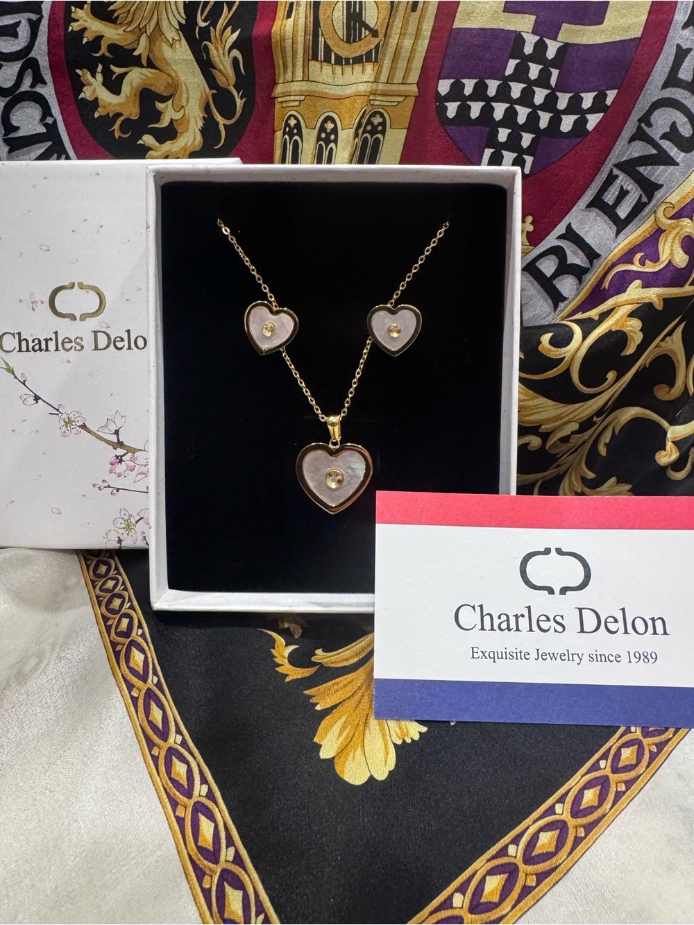 Gold-Tone Heart Necklace & Earrings in White